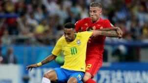 <p>Neymar (vorne, im Duell mit Toby Alderweireld) unterlag Belgien im WM-Viertelfinale mit 1:2.</p>