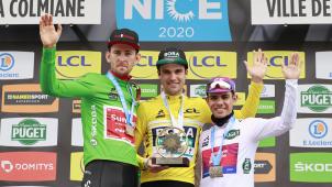 <p>Der Paris-Nizza-Gesamtzweite Tiesj Benoot, Sieger Maximilian Schachmann und der Drittplatzierte Sergio Higuita (v.l.)</p>