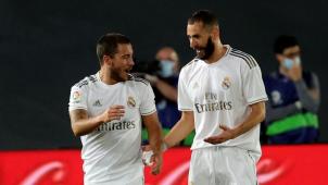 <p>Grund zum Jubeln: Nationalspieler Eden Hazard (l.) und Karim Benzema, der zwei Treffer erzielte.</p>