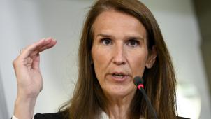 <p>Premierministerin Sophie Wilmès nach der Sitzung des NSR am Donnerstag.</p>
