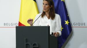 <p>Premierministerin Sophie Wilmès bei der Pressekonferenz nach der letzten Sitzung des NSR am 27. Juli.</p>