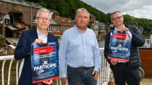 <p>Die Solidaritätsaktion „Commerce cares“ wurde am Donnerstag in Pepinster vorgestellt: Comeos-CEO Dominique Michel, Bürgermeister Philippe Godin und Assuralia-CEO Hein Lannoy (v.l.n.r.)</p>