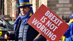 <p>Steve Bray, einer der bekanntesten Brexit-Gegner aus Großbritannien, hält während einer Demonstration gegen den Brexit ein Schild in der Hand, auf dem zu lesen ist: „Der Brexit funktioniert nicht“.</p>