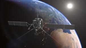 <p>Künstlerische Darstellung von der Forschungssonde «Solar Orbiter» bei einem Vorbeiflug an der Erde.</p>