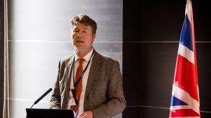 <p>Fevia-Chef Bart Buysse während eines hochrangigen Seminars über den britisch-belgischen Handel mit Lebensmitteln und Getränken am ersten Tag einer Wirtschaftsmission in das Vereinigte Königreich.</p>