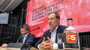 <p>Vizepremier Dermagne (l.) und Parteichef Magnette</p>