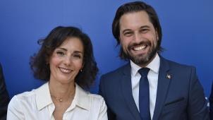 <p>Hadja Lahbib zusammen mit Georges-Louis Bouchez bei der Pressekonferenz am MR-Hauptsitz.</p>