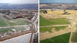 <p>Zwei Drohnenbilder zeigen den Standort des ehemaligen Weilers Lützerath am 19.01.2023 (links) und am 17.04.23 (rechts).</p>
