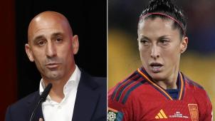 <p>Die Bildkombo zeigt Jennifer Hermoso (r), spanische Fußballspielerin, während des Frauenfußball-WM-Spiels der Gruppe C zwischen Japan und Spanien in Wellington, Neuseeland und Luis Rubiales, Präsident des spanischen Fußballverbandes RFEF, bei der Außerordentlichen Generalversammlung des Verbandes in Madrid am 25.08.2023.</p>