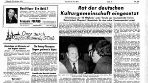 <p>So berichtete das GrenzEcho am Folgetag über die Gründung des Rates der deutschen Kulturgemeinschaft (RdK) am 23. Oktober 1973.</p>