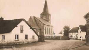 <p>Das Bild zeigt eine Postkarte mit der Mürringer Wirtschaft Jaspesch im Jahr 1914.</p>