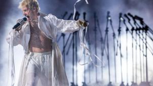 <p>Mustii auf der Bühne des Eurovision Song Contest (ESC) 2024 im zweiten Halbfinale in der Malmö Arena.</p>