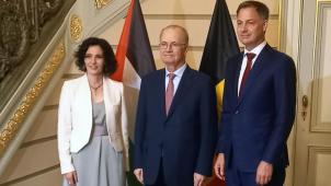 <p>Regierungschef Alexander De Croo und Außenministerin Hadja Lahbib mit dem palästinensischen Premierminister Mohammad Mustafa.</p>