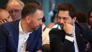 <p>Maxime Prévot (links) und Georges-Louis Bouchez (rechts) stellen am Donnerstag ihren Koalitionsvertrag vor.</p>