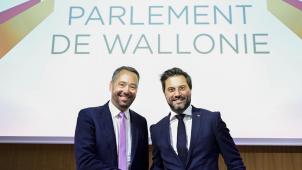 <p>Maxime Prévot (l.) und Georges-Louis Bouchez gaben am Sonntag in Brüssel die Minister der neuen Regierung bekannt.</p>