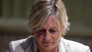 <p>Christel Engelen (Vlaams Belang)während einer Pressekonferenz von PIT, Vrij Ranst und Vlaams Belang, in Ranst, Samstag, 29. Oktober 2024</p>