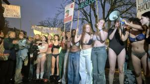 <p>Etwa 40 junge Frauen mobilisierten sich am Dienstag vor der iranischen Botschaft in Brüssel, um ihre Solidarität mit der Studentin Ahou Daryaei zu bekunden.</p>