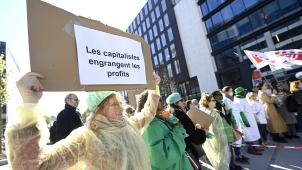 <p>Demonstrierende vor dem EU-Parlament in Brüssel protestieren gegen die geplante Deregulierung von Gentechnik.</p>