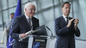 <p>Bundespräsident Frank-Walter Steinmeier (l) spricht neben Mark Rutte, Nato-Generalsekretär, anlässlich des 70. Jahrestages des deutschen Nato-Beitritts im Nato-Hauptquartier.</p>