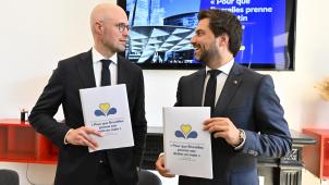 <p>David Leisterh und Georges-Louis Bouchez stellten ein „Vor-Regierungsprogramm“ der MR für Brüssel vor.</p>