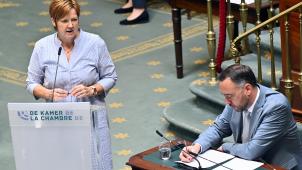<p>Els Van Hoof - rechts ist Minister Maxime Prévot zu sehen - bei einer Rede in der Kammer</p>