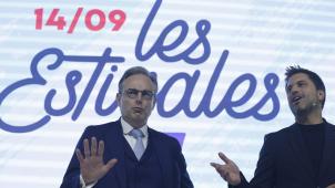 <p>MR-Präsident Georges-Louis Bouchez und Premier Bart De Wever bei den Estivales im Freizeitpark Walibi.</p>
