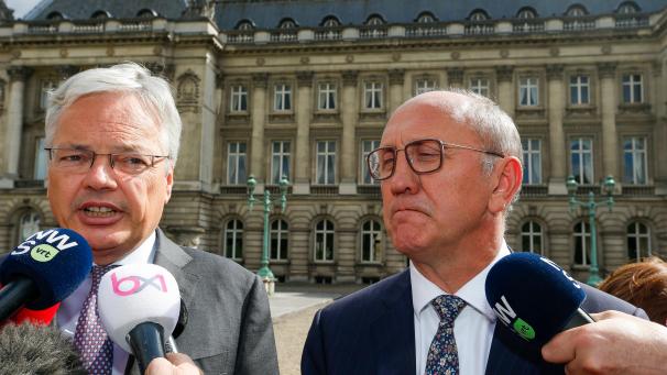 <p>Didier Reynders (l.) und Johan Vande Lanotte vergangenen Donnerstag, nachdem sie ihren Auftrag vom König erhalten hatten.</p>