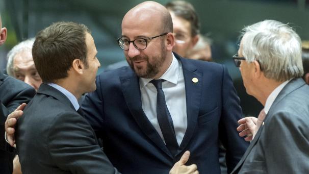 <p>Frankreichs Präsident Emmanuel Macron, Premierminister Charles Michel und EU-Kommissionspräsident Jean-Claude Juncker bei einem EU-Gipfel.</p>