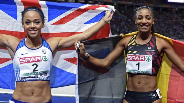 <p>Nafi Thiam (r.) setzte sich bei der EM in Berlin 2018 gegen Katarina Johnson-Thompson durch.</p>
