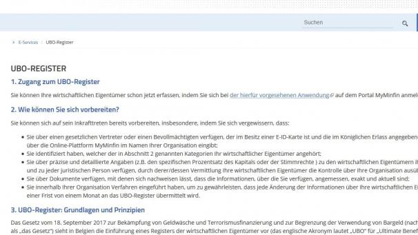 <p>Blick auf die Website des Finanzministeriums, auf der das UBO-Register vorgestellt wird.</p>