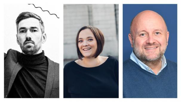 <p>V.l.n.r.: Daniel Offermann (Girls in Hawaii, Hallo Kosmo), Annick Hermann (Maniac, Gesangspädagogin, Vocal-Coach) und André Frédéric Goebels (Radio Contact Ostbelgien NOW)</p>
