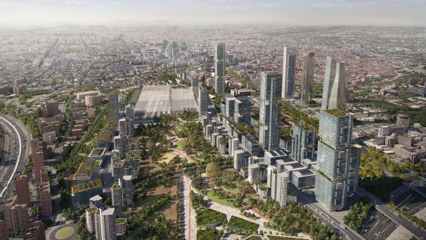 <p>Das Bild zeigt den Projektentwurf des Architekturbüros Rogers Stirk Harbour + Partners, wie der Bahnhof Chamartin nach Abschluss des Projekts Madrid Nuevo Norte aussehen würde. Für mehr als sieben Milliarden Euro soll ein brandneuer Stadtteil im Norden der spanischen Hauptstadt entstehen.</p>