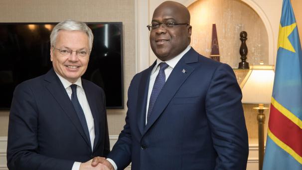 <p>Didier Reynders (l.) und Félix Tshisekedi (r.) am ersten Tag des NATO-Ministertreffens in Washington DC, USA.</p>