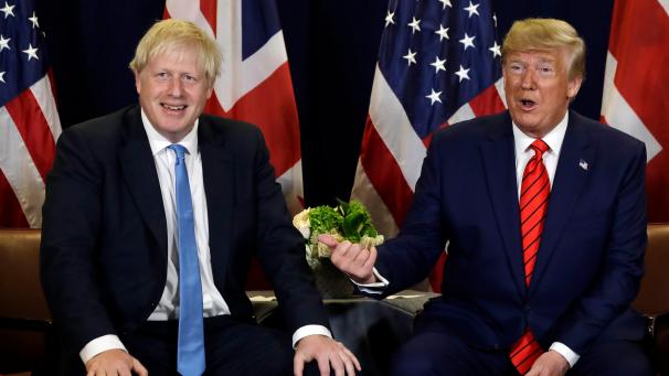 <p>Bestgelaunt bei seinem Freund Trump in New York, während in London die Bude brennt: Boris Johnson (l.).</p>
