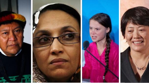 <p>Davi Kopenawa, Aminatu Haidar, Greta Thunberg und Guo Jianmei (v. l. n. r.) werden mit dem Alternativen Nobelpreis geehrt.</p>