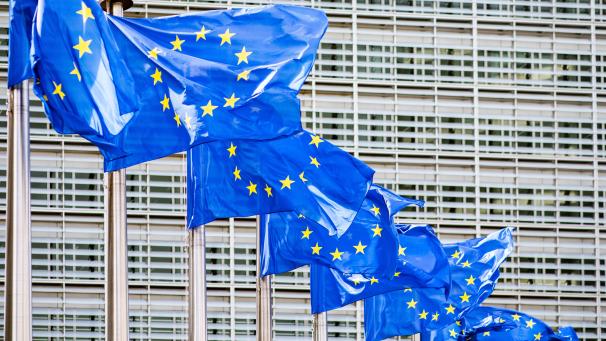 <p>Zahlreiche Europaflaggen flattern vor dem Berlaymont-Gebäude in Brüssel, dem Sitz der Europäischen Kommission, im Wind.</p>