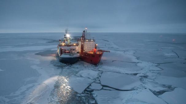 <p>Der Forschungseisbrecher Polarstern (l.) und der russische Eisbrecher Akademik Fedorov (r) liegen zwischen arktischen Eisschollen.</p>