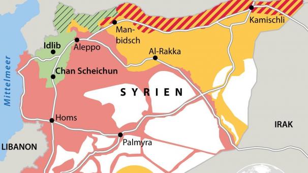 <p>Die geplante sogenannte Sicherheitszone durchtrennt das kurdische Siedlungsgebiet. Rot markiert sind die von Damaskus kontrollierten, grün die von Rebellen gehaltenen Gebiete. Die grün-schwrz schraffierte Zone ist die von der Türkei besetzte Region Afrin.</p>