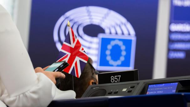 <p>Eine Fahne des Vereinigten Königreiches steht während einer Plenarsitzung des Europäischen Parlaments auf dem Tisch der Abgeordneten Lucy Harris (Brexit-Partei).</p>