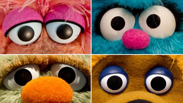 <p>Diese Bildkombo zeigt (von links oben nach rechts unten) die Augen der Puppen Tiffy, Feli Felu, Rumpel und Samson aus der „Sesamstraße“.</p>