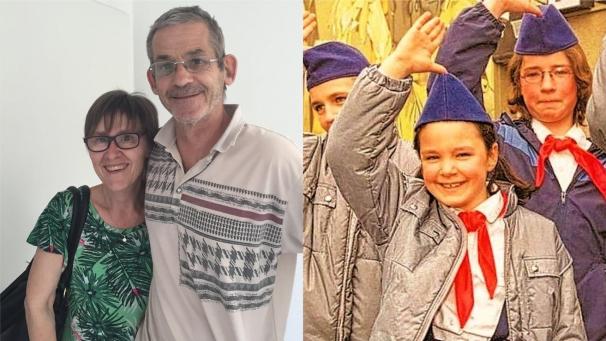 <p>Links ist Kerstin Hellmann mit ihrem Mann Adam zu sehen. Das Ehepaar lebt seit 1990 zusammen in Gemmenich. Die rechte Aufnahme zeigt Kerstin Hellmann (vorne) in jungen Jahren, als sie im Osten in einer „regimetreue“ Jugendbewegeung aktiv war.</p>