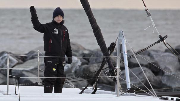 <p>Klimaaktivistin Greta Thunberg an Bord der „La Vagabonde“.</p>