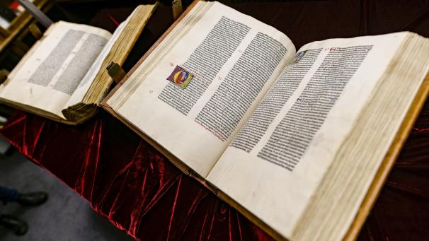 <p>Die zwei Bände einer Bibel aus Gutenbergs Druckpresse, welche in einer Jubiläumsauktion wertvoller Bücher versteigert werden, stehen bei Ketterer Kunst, einem Hamburger Kunstauktionshaus, auf rotem Samt.</p>