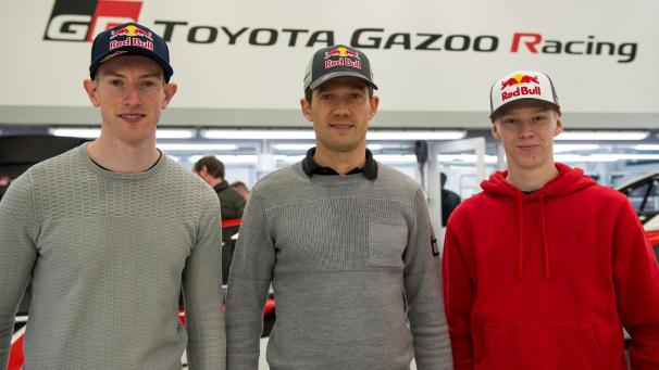<p>Bilden ein Team: Elfyn Evans, Sébastien Ogier und Kalle Rovanpera (v.l.n.r.).</p>