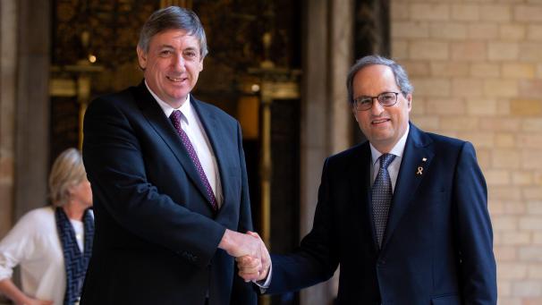 <p>Jan Jambon (links) und Quim Torra trafen sich in Barcelona.</p>