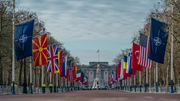 <p>Die Flaggen der Nato und der Mitgliedsstaten der wehen vor Beginn des Nato-Gipfels vor dem Buckingham Palace. Bei dem Treffen der Staats- und Regierungschefs soll das 70-jährige Bestehen des Militärbündnisses gefeiert werden.</p>