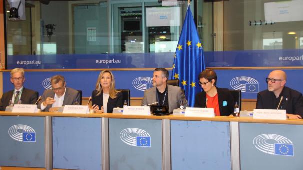 <p>Die Expertenrunde zum Thema „Seltene Krankheiten“ (v.l.): Colm Friel (Europäischer Rechnungshof), Enrique Terol (Europäische Kommission, Generaldirektion Gesundheit), Fréderique Ries, Pascal Arimont, Caroline Glaude (Projektverantwortliche EMRaDi, Christliche Krankenkasse), Matt Bolz-Johnson (Patientenorganisation EURORDIS)</p>