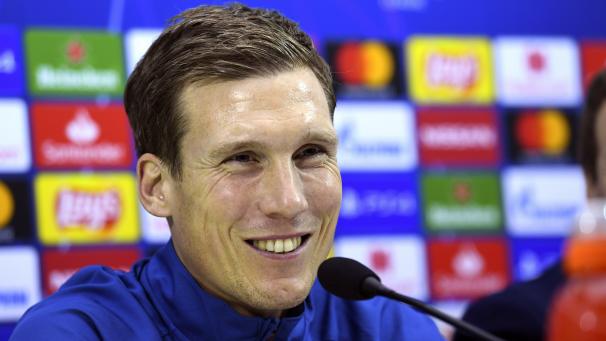 <p>Genks Trainer Hannes Wolf während der Pressekonferenz vor dem Spiel in Neapel.</p>