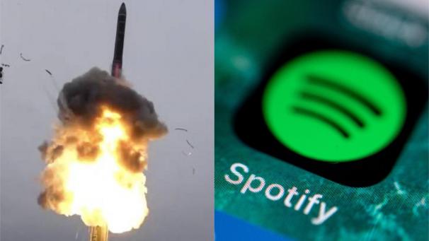 <p>Links ist eine undatierte Aufnahme vom Start einer ballistischen Interkontinentalrakete zu sehen, rechts das Logo des Musikstreamingdienstes Spotify.</p>