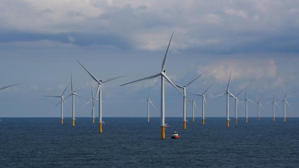 <p>Ein Windpark mit mehreren Windturbinen an der belgischen Nordseeküste.</p>